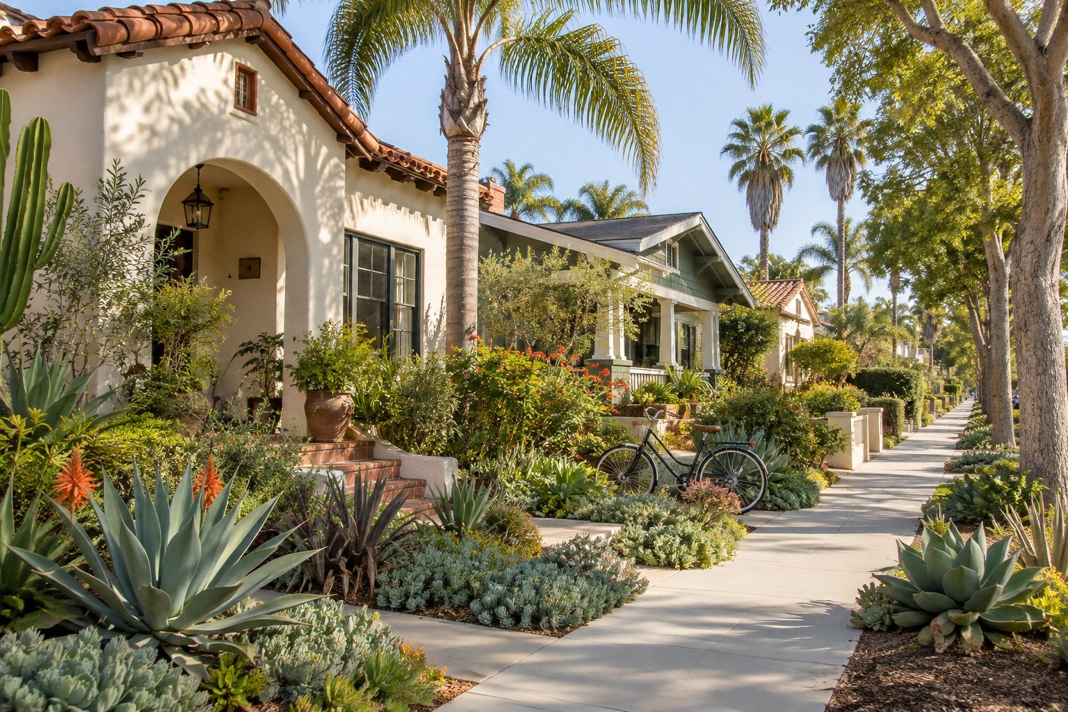 A quiet San Diego street with bungalows, illustrative