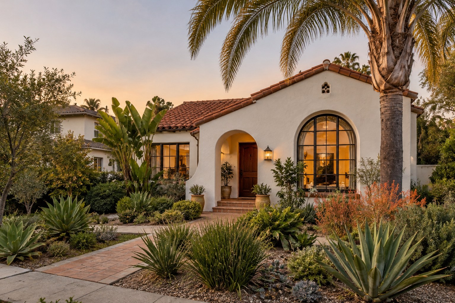 A San Diego Spanish style home with palms in soft evening light, illustrative