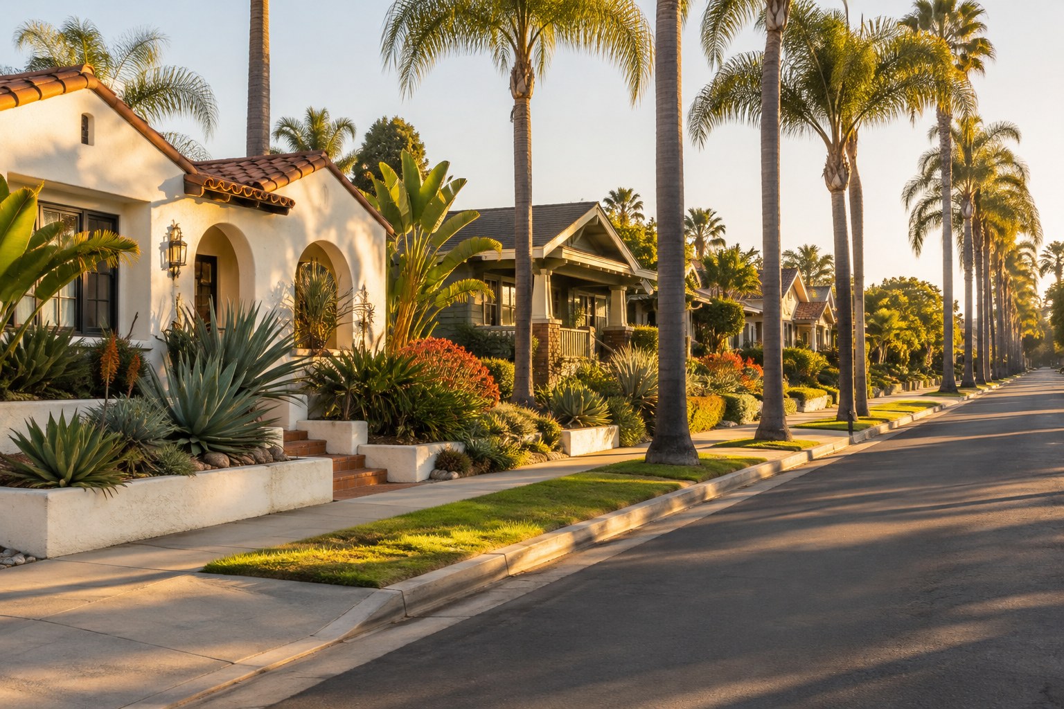 A San Diego street with homes, illustrative