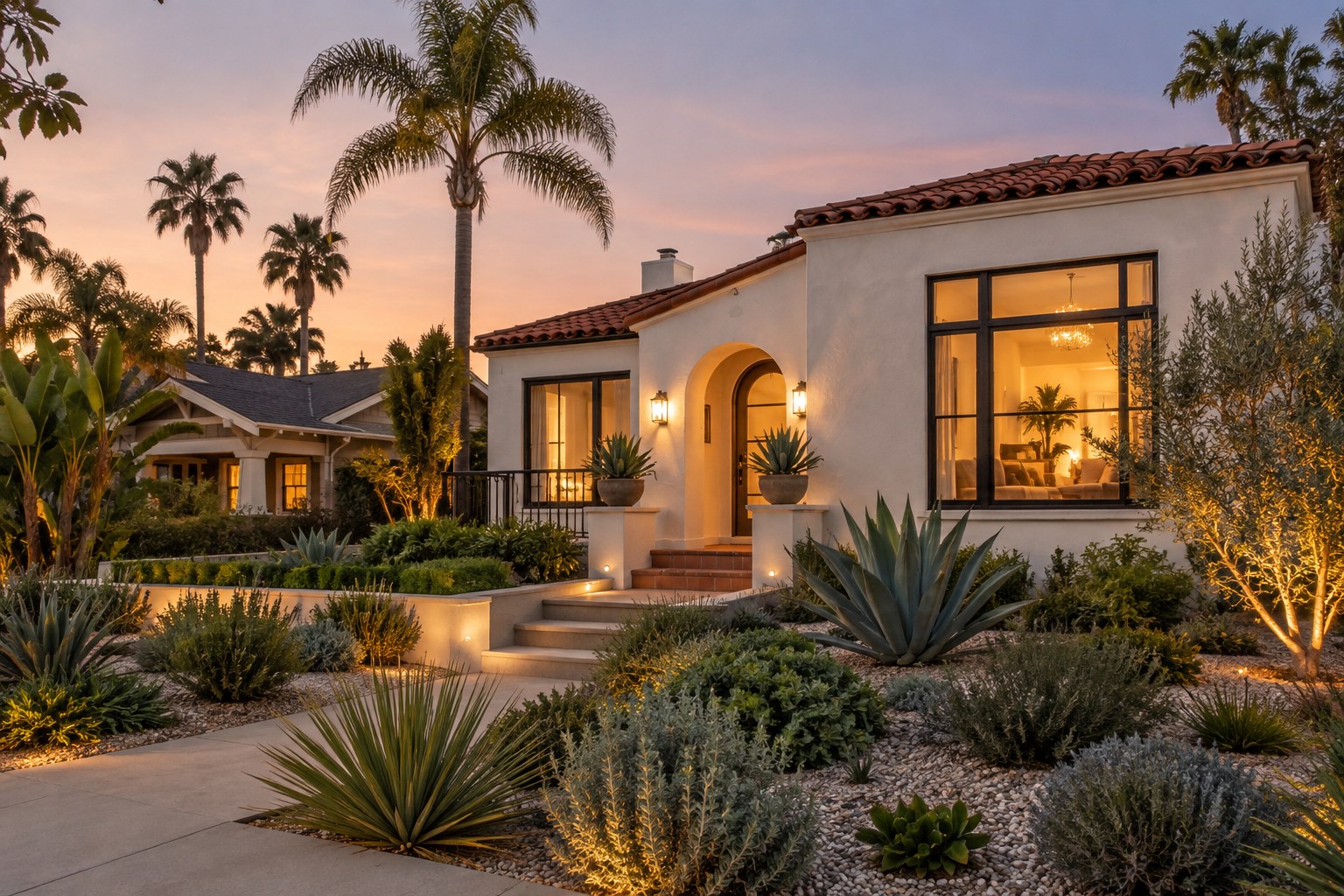 A San Diego home at dusk, illustrative