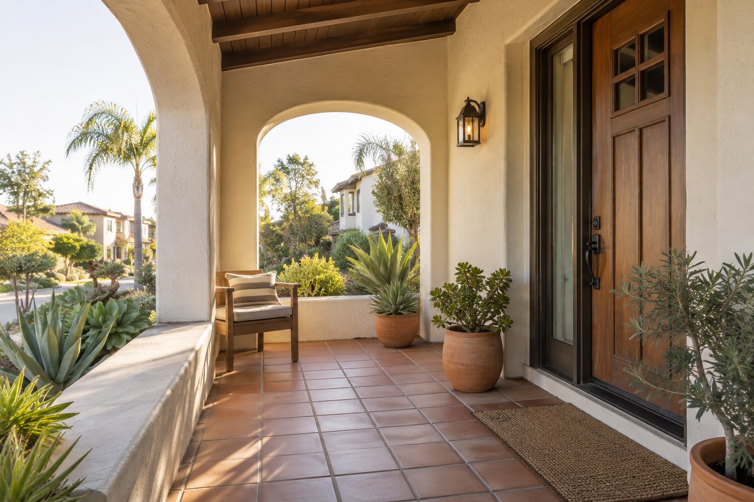 A covered front entry of a San Diego home, illustrative